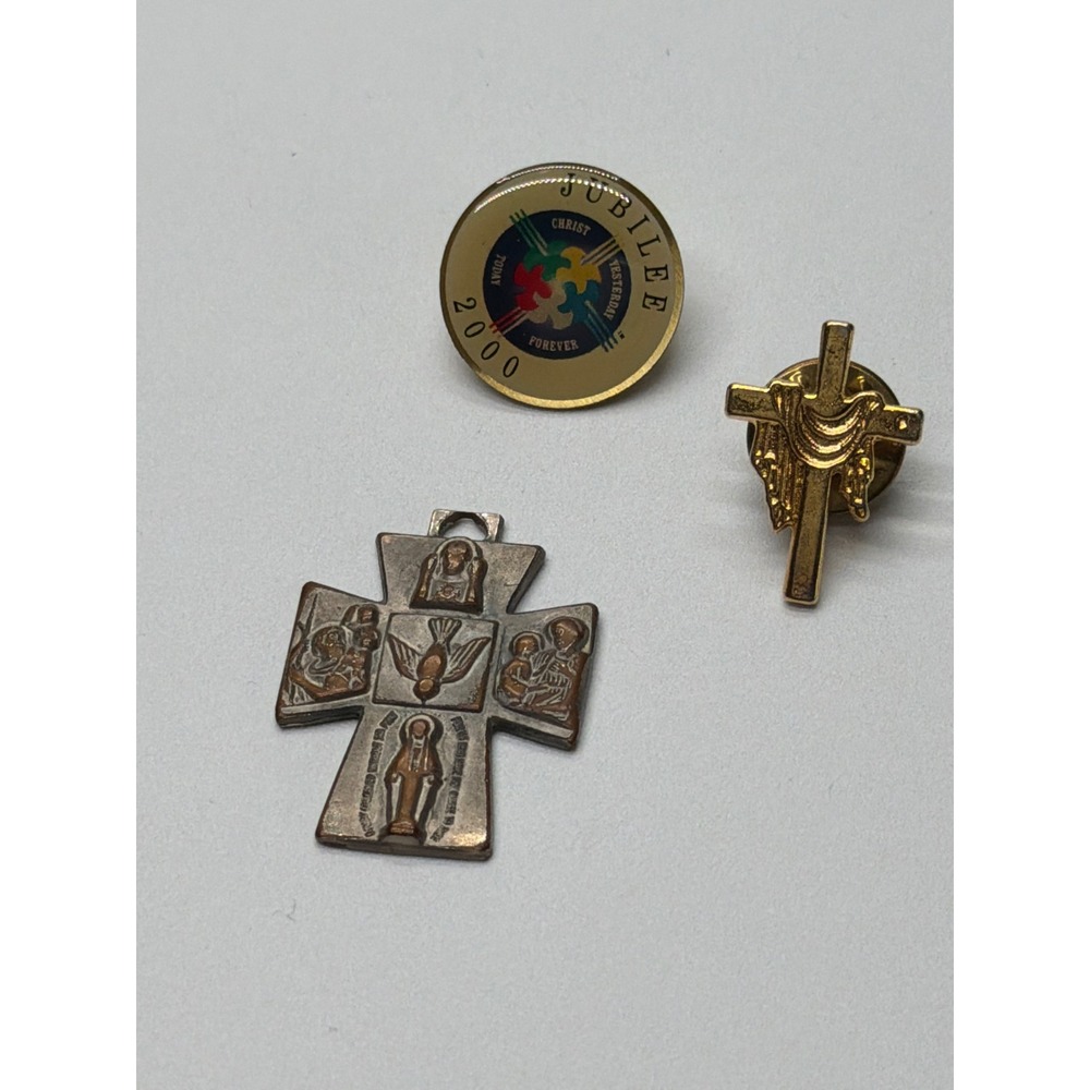 Vintage Catholic Jewelry Lot Jubilee 2000 Pin 4-Way Cross Medal Draped Cross Pin